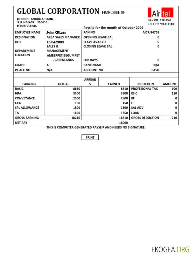 INDIA AIRTEL Fiche de paie de la société multinationale de services de télécommunications aux formats Word et PDF